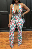 Red Sexy Print Patchwork Halter Regular Jumpsuits