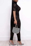 White Sexy Solid Patchwork See-through Half A Turtleneck Short Sleeve Two Pieces