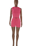 Rose Red Sexy Solid Patchwork Backless Hooded Collar Sleeveless Two Pieces