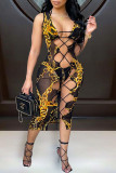 Black Yellow Sexy Print Bandage Patchwork See-through Swimwears(Three Pieces)
