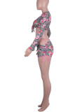 Colour Sexy Print Bandage Patchwork See-through V Neck Long Sleeve Three Pieces