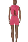 Rose Red Sexy Solid Patchwork Backless Hooded Collar Sleeveless Two Pieces