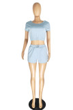 Grey Fashion Casual Solid Bandage Backless O Neck Short Sleeve Two Pieces