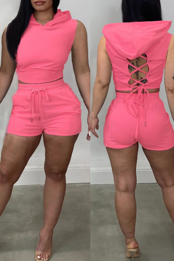Rose Red Sexy Solid Patchwork Backless Hooded Collar Sleeveless Two Pieces