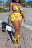 Yellow Vacation Print Patchwork Swimwears