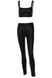 Black Sexy Casual Solid Backless Spaghetti Strap Sleeveless Two Pieces