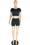 Grey Fashion Casual Solid Bandage Backless O Neck Short Sleeve Two Pieces