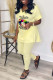 Shallow Yellow Fashion Casual Lips Printed Slit V Neck Short Sleeve Two Pieces