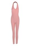 Color Blue Sexy Solid Backless Halter Skinny Jumpsuits