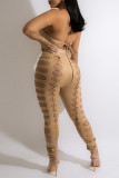Black Fashion Sexy Bandage Hollowed Out Backless Halter Sleeveless Two Pieces