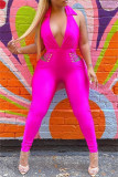 Rose Red Fashion Sexy Solid Hollowed Out Backless V Neck Skinny Jumpsuits