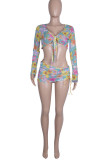 Colour Sexy Print Bandage Patchwork See-through V Neck Long Sleeve Three Pieces