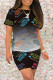 Black Fashion Casual Print Basic O Neck Short Sleeve Two Pieces