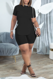 Blue Casual Solid Draw String O Neck Short Sleeve Two Pieces