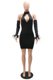 Black Fashion Sexy Solid Hollowed Out Backless Turtleneck A Line Dresses (With Sleeves)