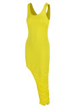 Yellow Sexy Solid Patchwork Fold Asymmetrical U Neck Vest Dress Dresses