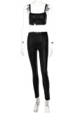 Black Sexy Casual Solid Backless Spaghetti Strap Sleeveless Two Pieces