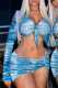 Sky Blue Sexy Print Bandage Patchwork See-through V Neck Long Sleeve Three Pieces
