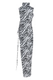 Black Fashion Sexy Print Slit Asymmetrical Turtleneck Sleeveless Dress