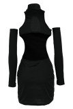 Black Fashion Sexy Solid Hollowed Out Split Joint Backless Turtleneck Long Sleeve Dresses