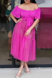 Rose Red Fashion Casual Solid Patchwork See-through Off the Shoulder Short Sleeve Dress