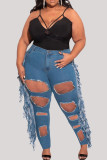 Medium Blue Fashion Casual Solid Tassel Ripped Plus Size Jeans (Without Belt)
