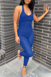 Blue Fashion Sexy Solid Backless Halter Skinny Jumpsuits