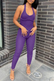 Blue Fashion Sexy Solid Backless Halter Skinny Jumpsuits