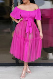 Rose Red Fashion Casual Solid Patchwork See-through Off the Shoulder Short Sleeve Dress