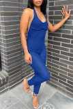 Blue Fashion Sexy Solid Backless Halter Skinny Jumpsuits