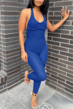 Blue Fashion Sexy Solid Backless Halter Skinny Jumpsuits