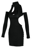 Black Fashion Sexy Solid Hollowed Out Split Joint Backless Turtleneck Long Sleeve Dresses