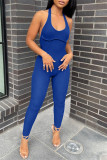 Blue Fashion Sexy Solid Backless Halter Skinny Jumpsuits
