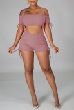 Pink Sexy Solid Patchwork Spaghetti Strap Short Sleeve Two Pieces