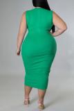 Green Casual Solid Split Joint Knotted O Neck One Step Skirt Plus Size Dresses