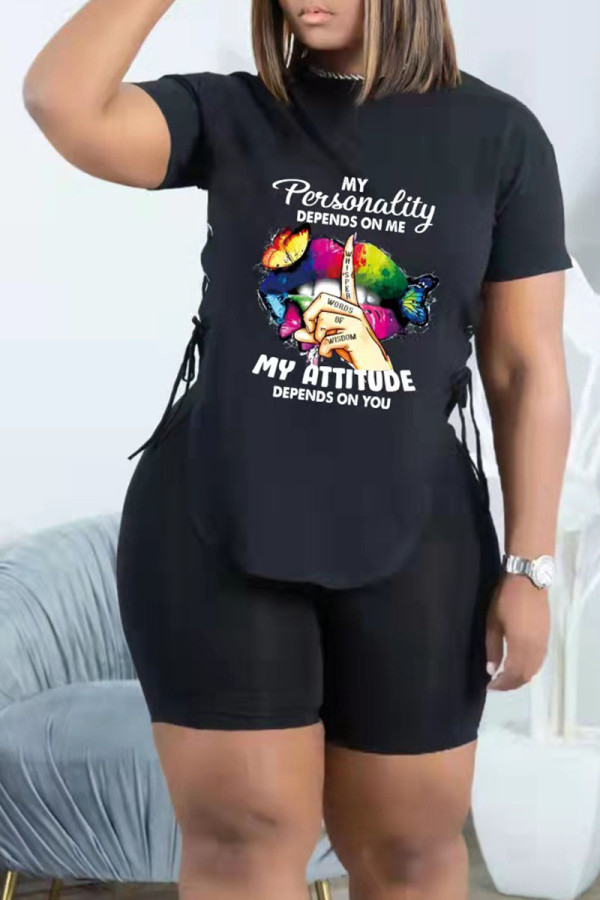 Black Fashion Casual Print Bandage Asymmetrical O Neck Short Sleeve Two Pieces