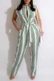 Purple Casual Striped Print Split Joint Buckle With Belt Straight Jumpsuits