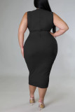 Black Casual Solid Split Joint Knotted O Neck One Step Skirt Plus Size Dresses