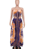 Blue Orange Casual Print Bandage Split Joint Strapless Sleeveless Two Pieces