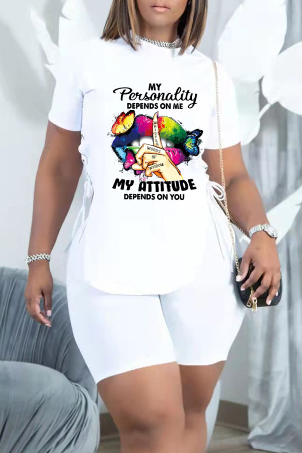 White Fashion Casual Print Bandage Asymmetrical O Neck Short Sleeve Two Pieces