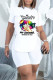 White Fashion Casual Print Bandage Asymmetrical O Neck Short Sleeve Two Pieces