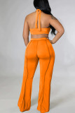 Tangerine Red Sexy Solid Split Joint Backless Asymmetrical Halter Plus Size Two Pieces