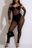 Black Sexy Split Joint See-through Backless Halter Regular Jumpsuits