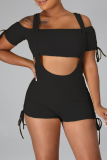 Pink Sexy Solid Patchwork Spaghetti Strap Short Sleeve Two Pieces