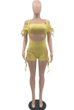 Pink Sexy Solid Patchwork Spaghetti Strap Short Sleeve Two Pieces