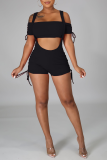 Pink Sexy Solid Patchwork Spaghetti Strap Short Sleeve Two Pieces