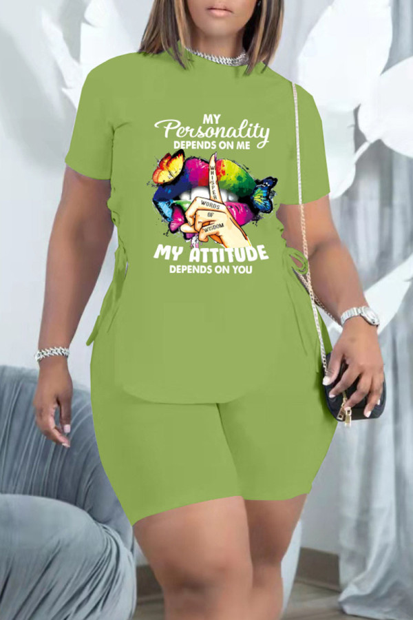 Fruit Green Fashion Casual Print Bandage Asymmetrical O Neck Short Sleeve Two Pieces