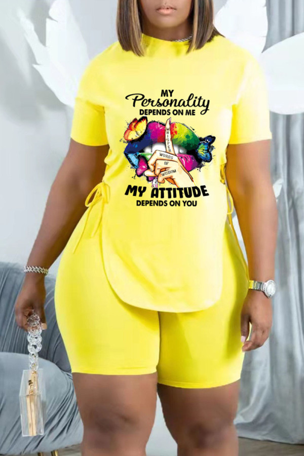 Yellow Fashion Casual Print Bandage Asymmetrical O Neck Short Sleeve Two Pieces
