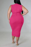 Rose Red Casual Solid Split Joint Knotted O Neck One Step Skirt Plus Size Dresses