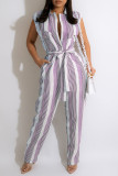 Green Casual Striped Print Split Joint Buckle With Belt Straight Jumpsuits